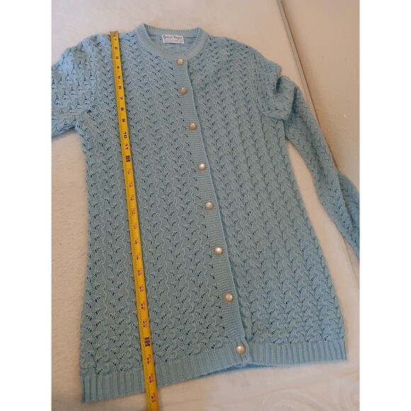 VTG BRITISH VOGUE CARDIGAN SWEATER WOMENS SMALL BLUE KNIT LACED BUTTON UP - Picture 9 of 16